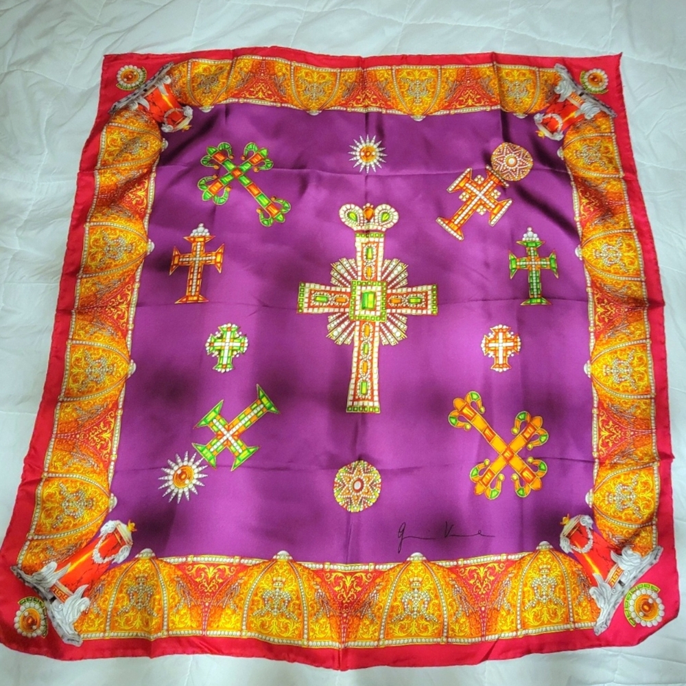 Rare Gianni Versace Silk Scarf 90s Baroque Byzantine Cross